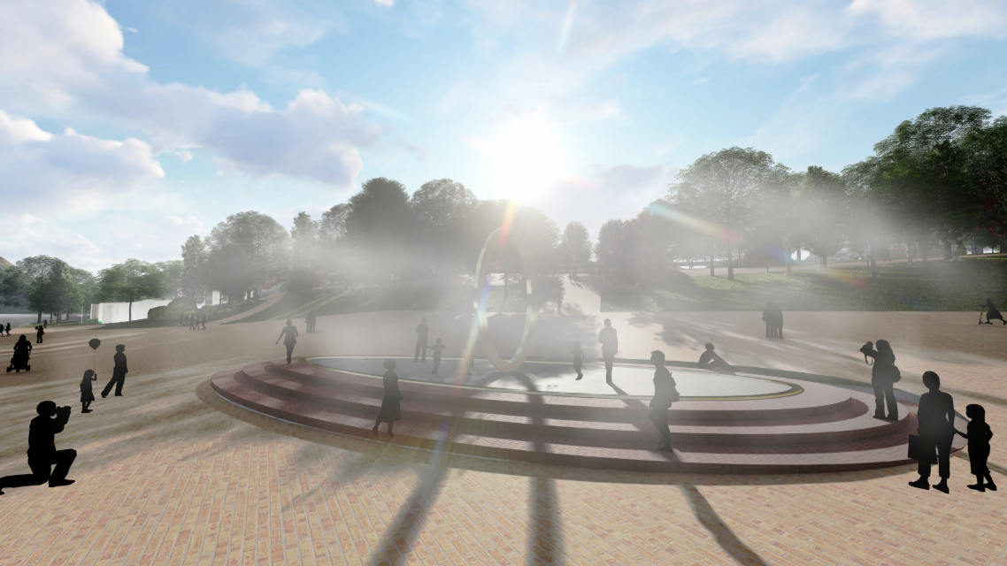 Central fountain ring surrounded by soft mist, inviting engagement and contemplation.