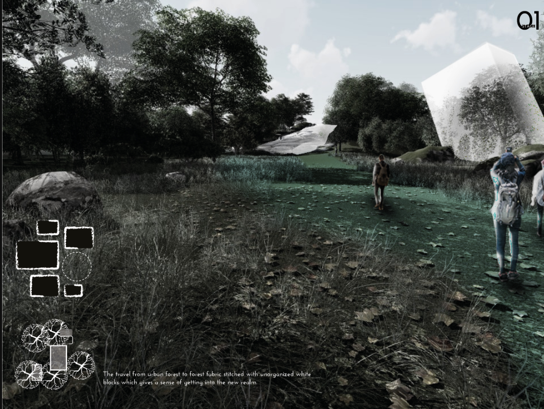 The transition from urban forest to an abstract realm, marked by scattered white forms, evokes a sense of entry into an altered dimension.