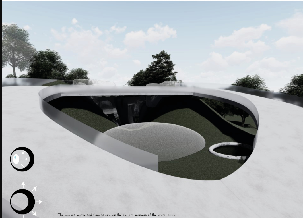 The water-bed observation platform visually illustrates the current global water crisis, offering a contemplative architectural pause.