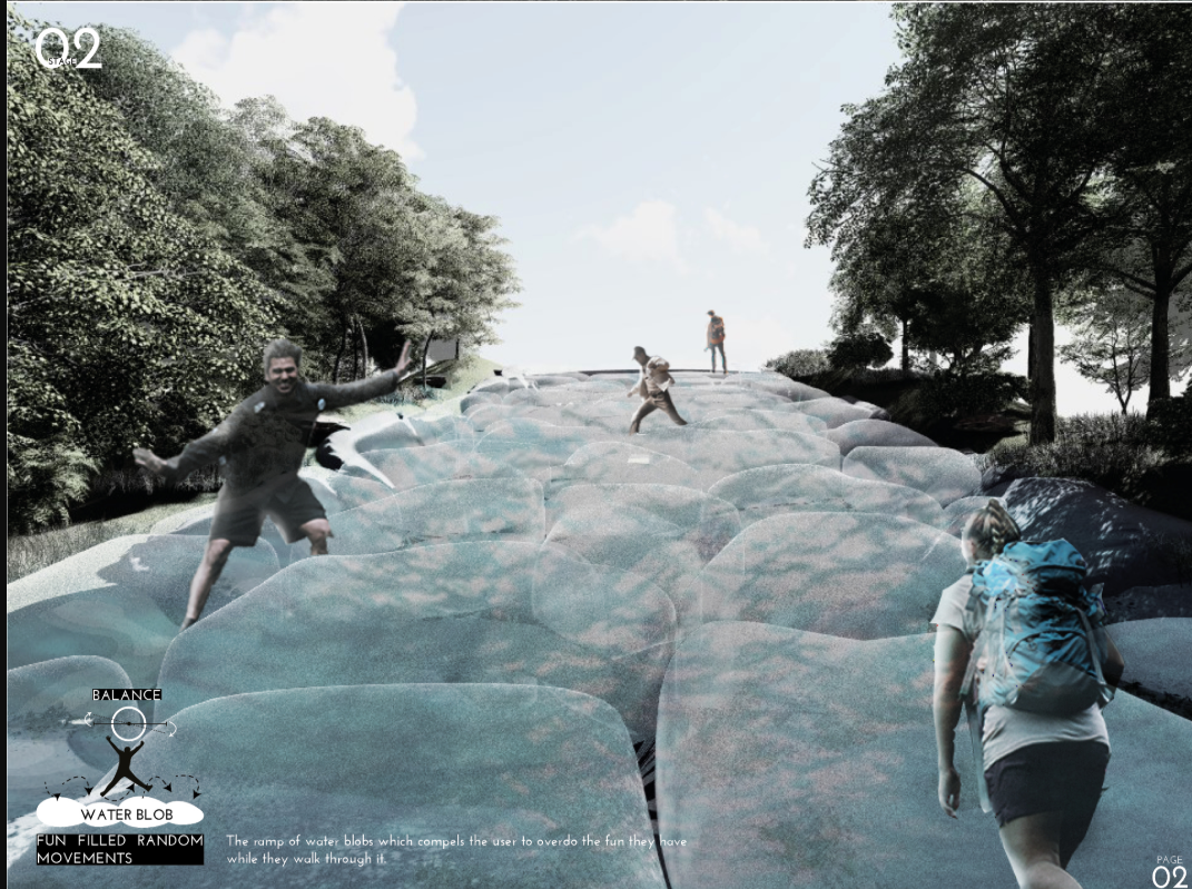 An undulating ramp of water blobs invites playful movement while emphasizing instability, imbalance, and heightened sensory awareness.