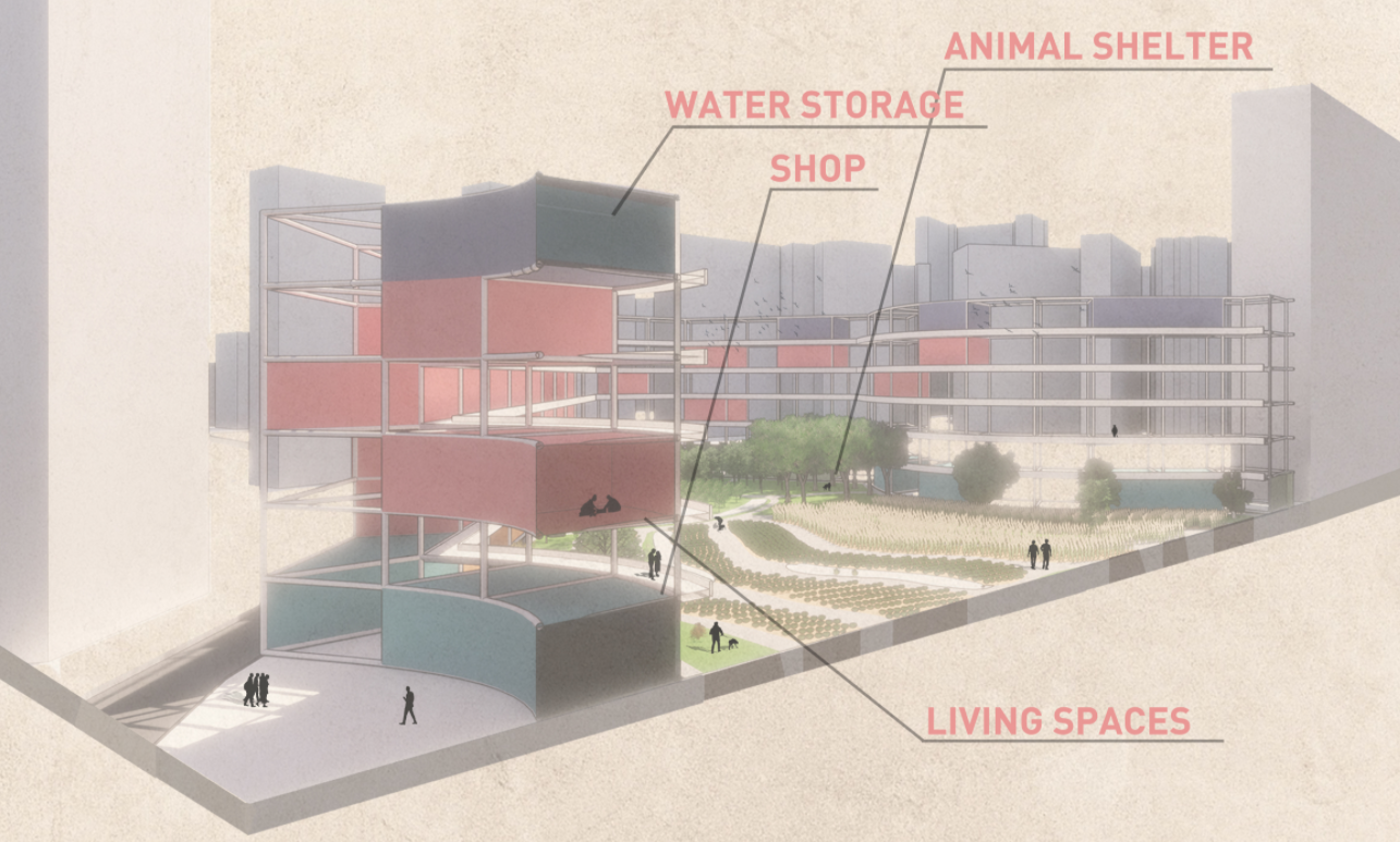 Flexible modules host animal shelters, shops, water storage, and living spaces within a smart, vertical framework.
