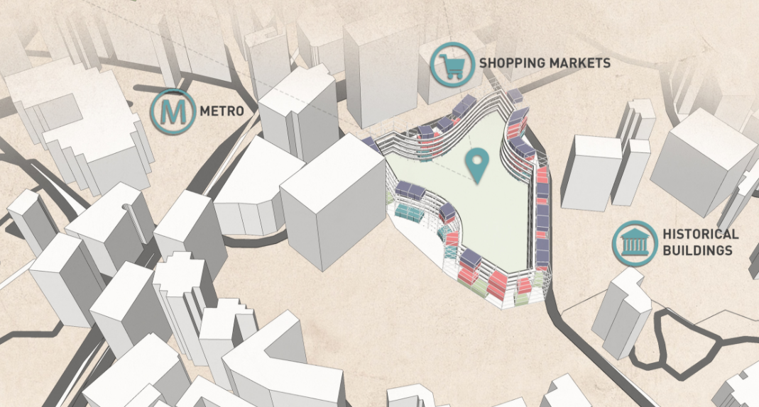 The modular complex connects seamlessly with metro access, shopping areas, and historical buildings, reinforcing urban continuity.