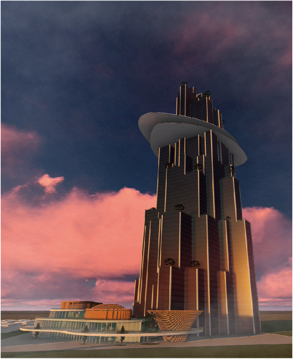 A monumental high-rise emerges like a sacred mountain against a twilight sky, blending symbolism with vertical urbanism.