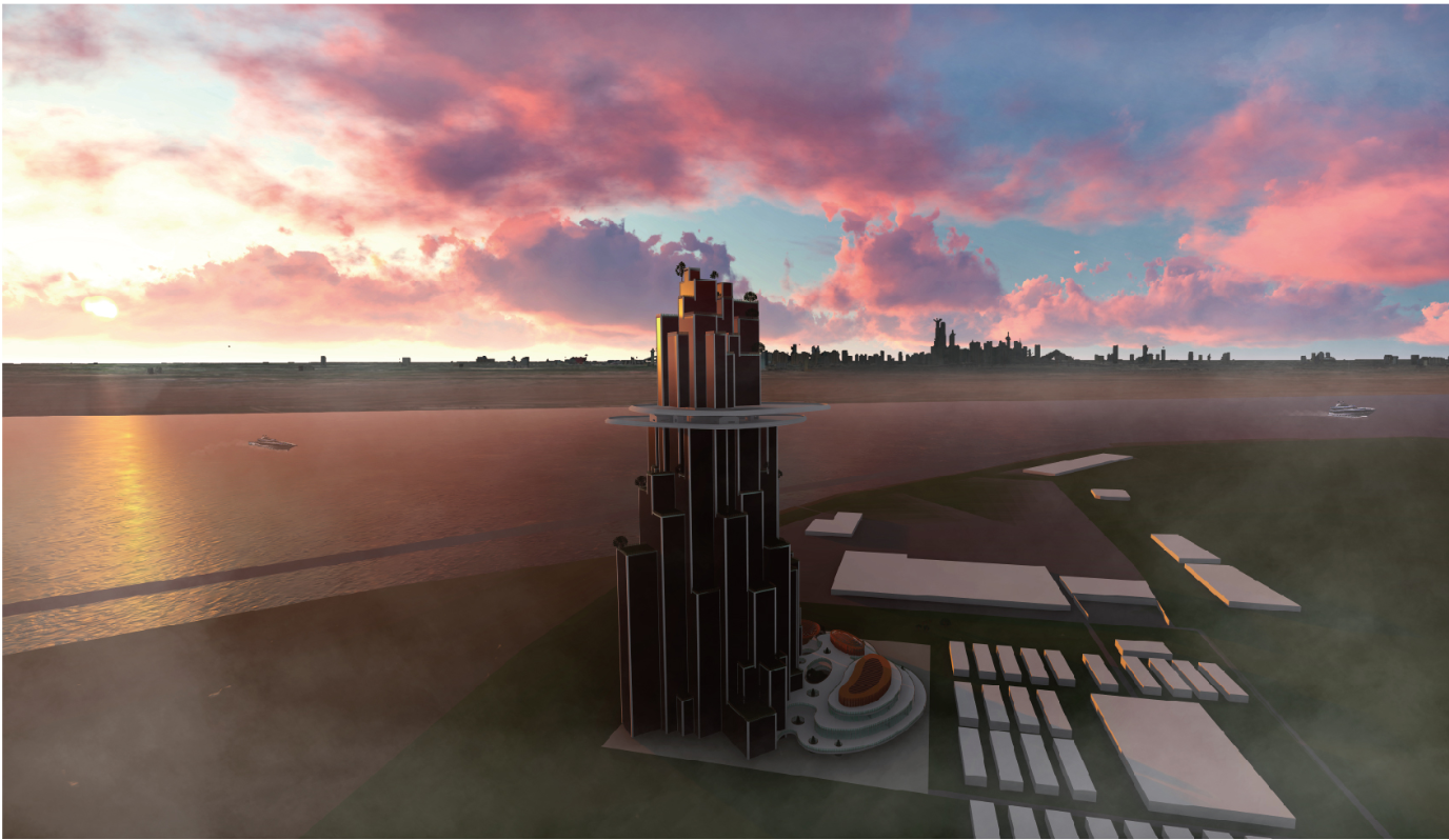 The tower commands the waterfront, establishing a bold cultural landmark that echoes traditional Chinese topography.
