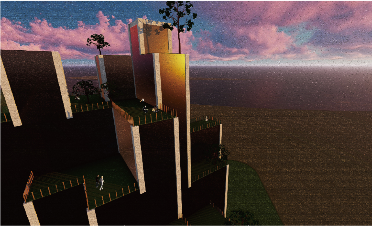 Tiered platforms replicate mountain ledges, offering communal green spaces that connect sky and ground.