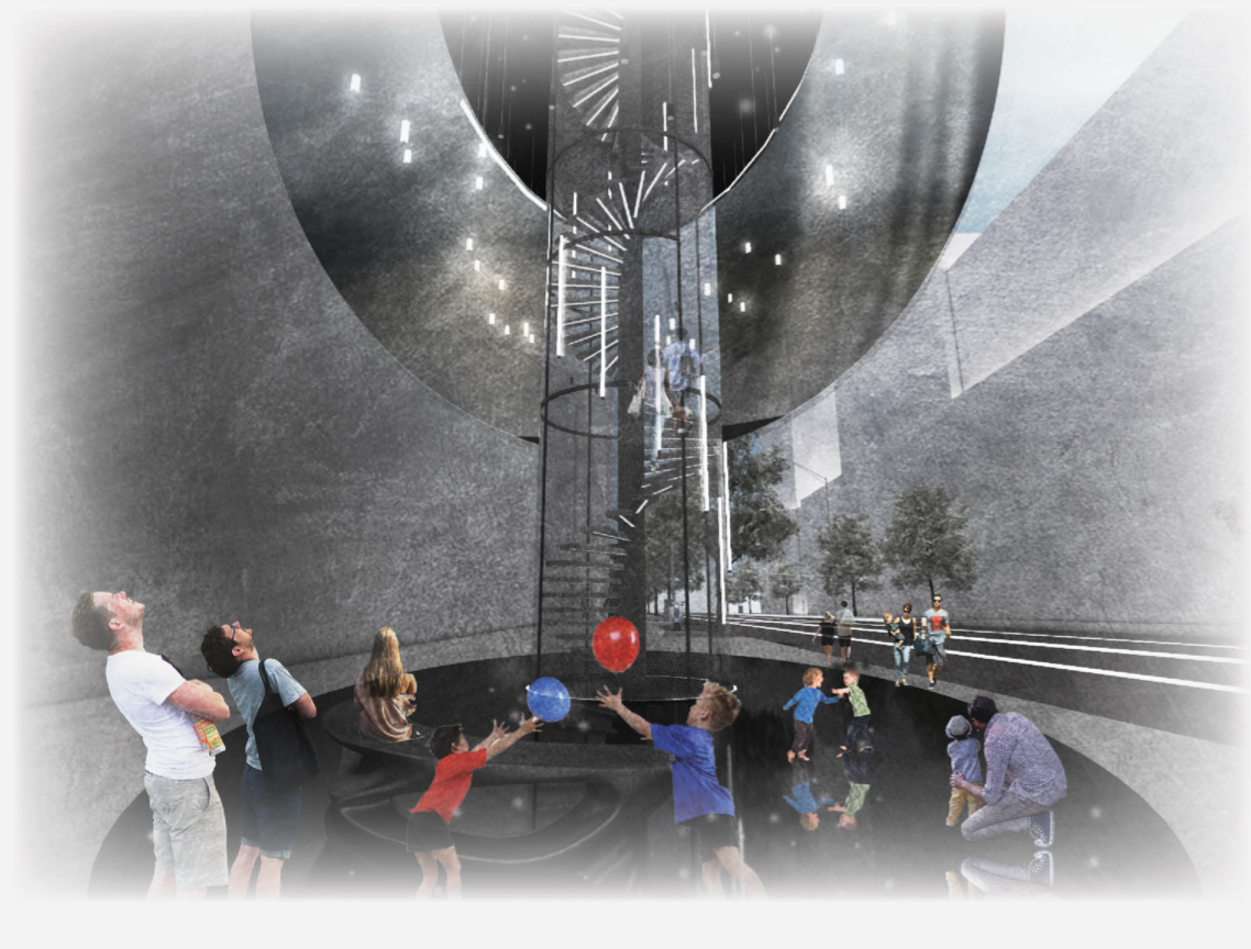 Layered reflections and vertical space reframe how people perceive scale and each other.