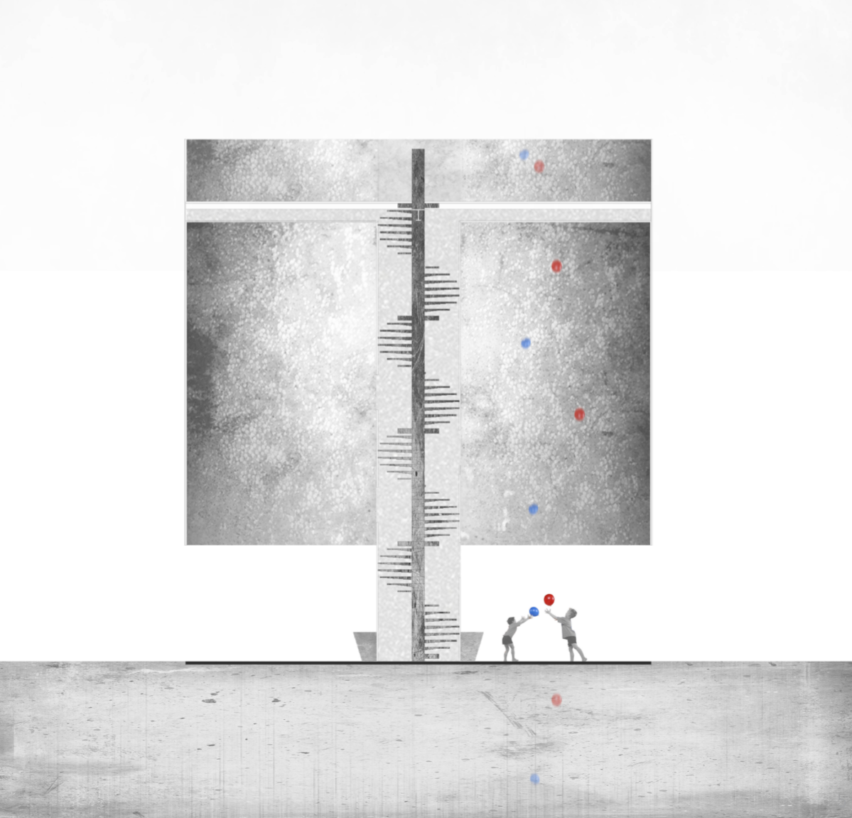 A vertical section of mirrored voids and floating presence — every action mirrored in space.