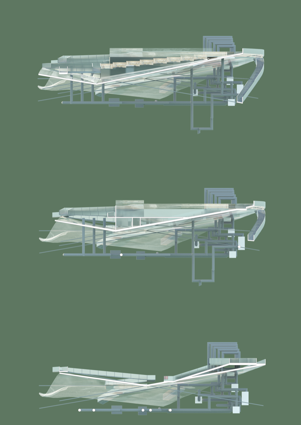 Technical diagrams reveal the multi-level water flow and public access systems.