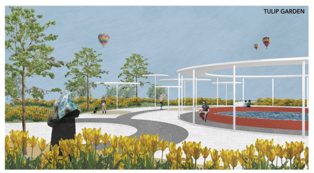 A vibrant floral sanctuary representing Istanbul’s cultural identity while contrasting against the arid transformation beyond.