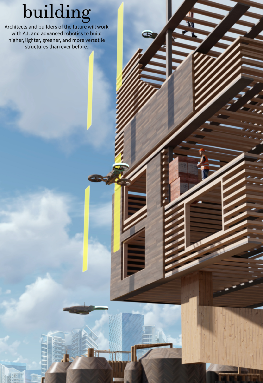 Close-up of horizontal timber louver screens wrapping cantilevered volumes with drones in the sky