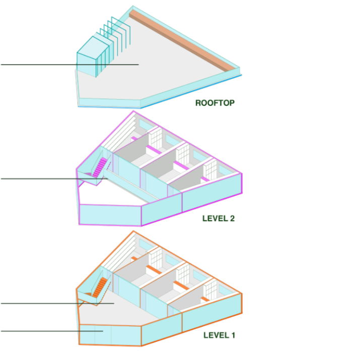 Exploded axonometric drawing showing rooftop and two levels with stairs and interior partitions