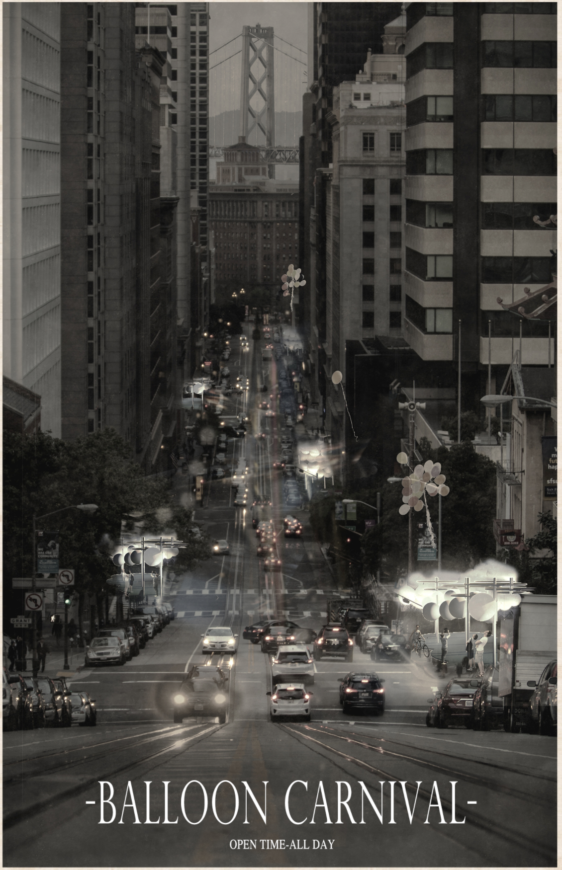 Balloon installations gently punctuate a bustling city street, inviting passersby to look up and reconnect with their surroundings.