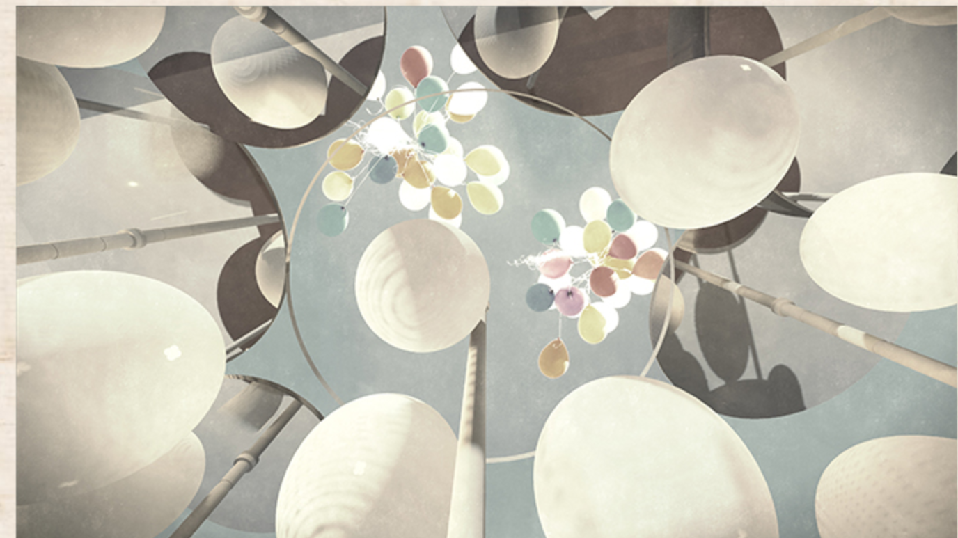 A whimsical view from beneath the installation reveals floating balloons overhead, turning the sky into a playful spectacle.