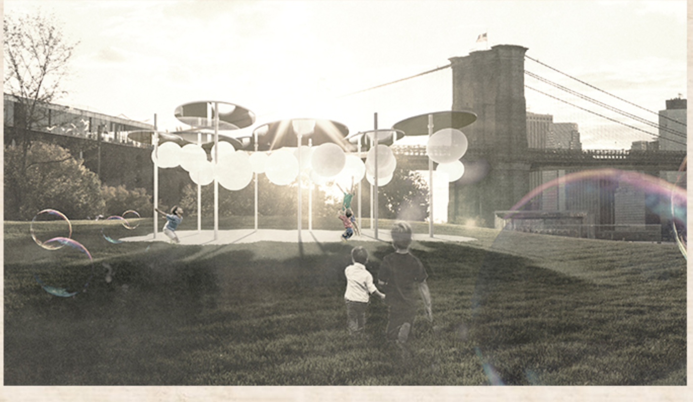 Children interact joyfully with the balloon canopy in a public park, reanimating the space with wonder and light.