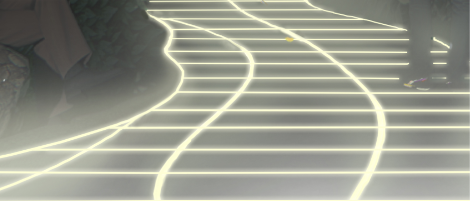 Glowing pathway enhances night visibility while guiding users through a tactile, immersive green space.