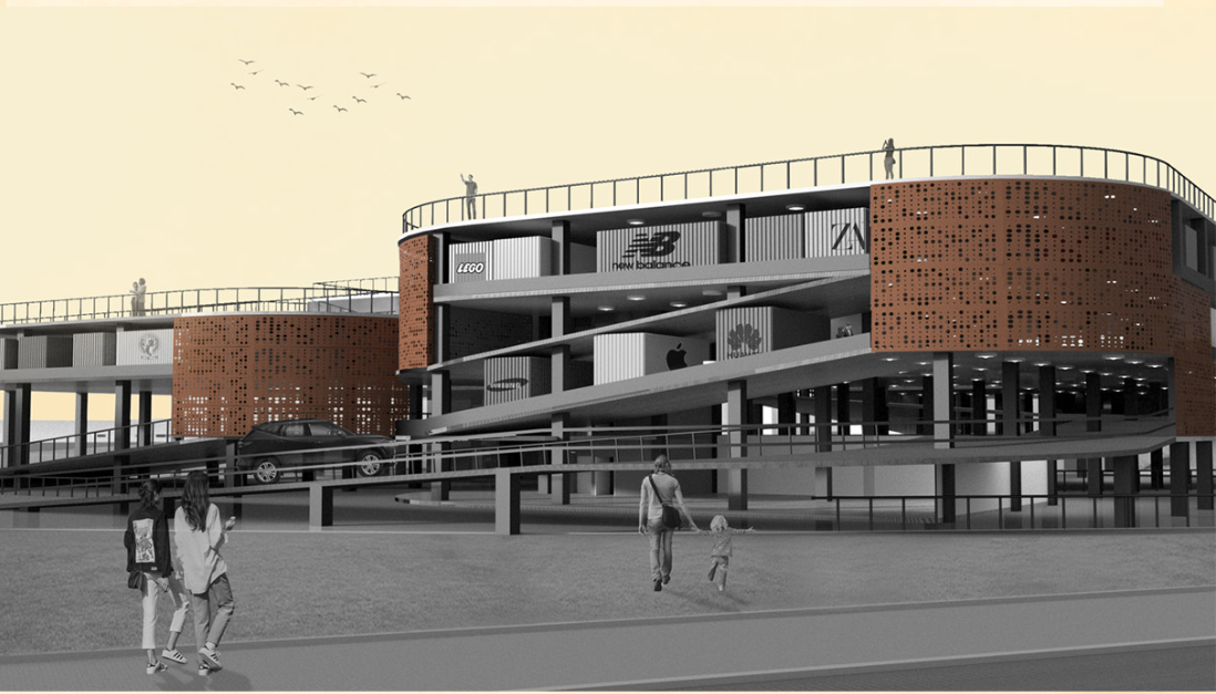 Exterior view of the curved brick volumes with roof terrace railings and figures in the foreground