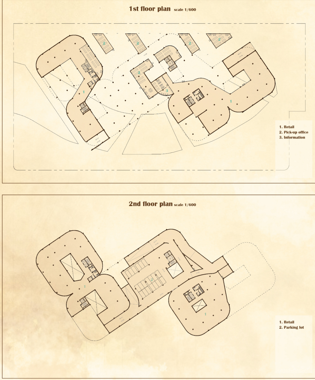 Floor plan drawings showing two levels with organic curved retail spaces and central circulation core