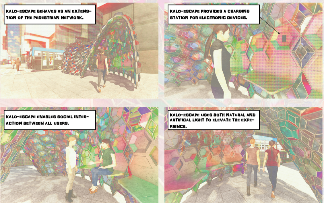 Kalo-Escape supports pedestrian movement, enables device-free interaction, offers charging points, and uses light as experience.