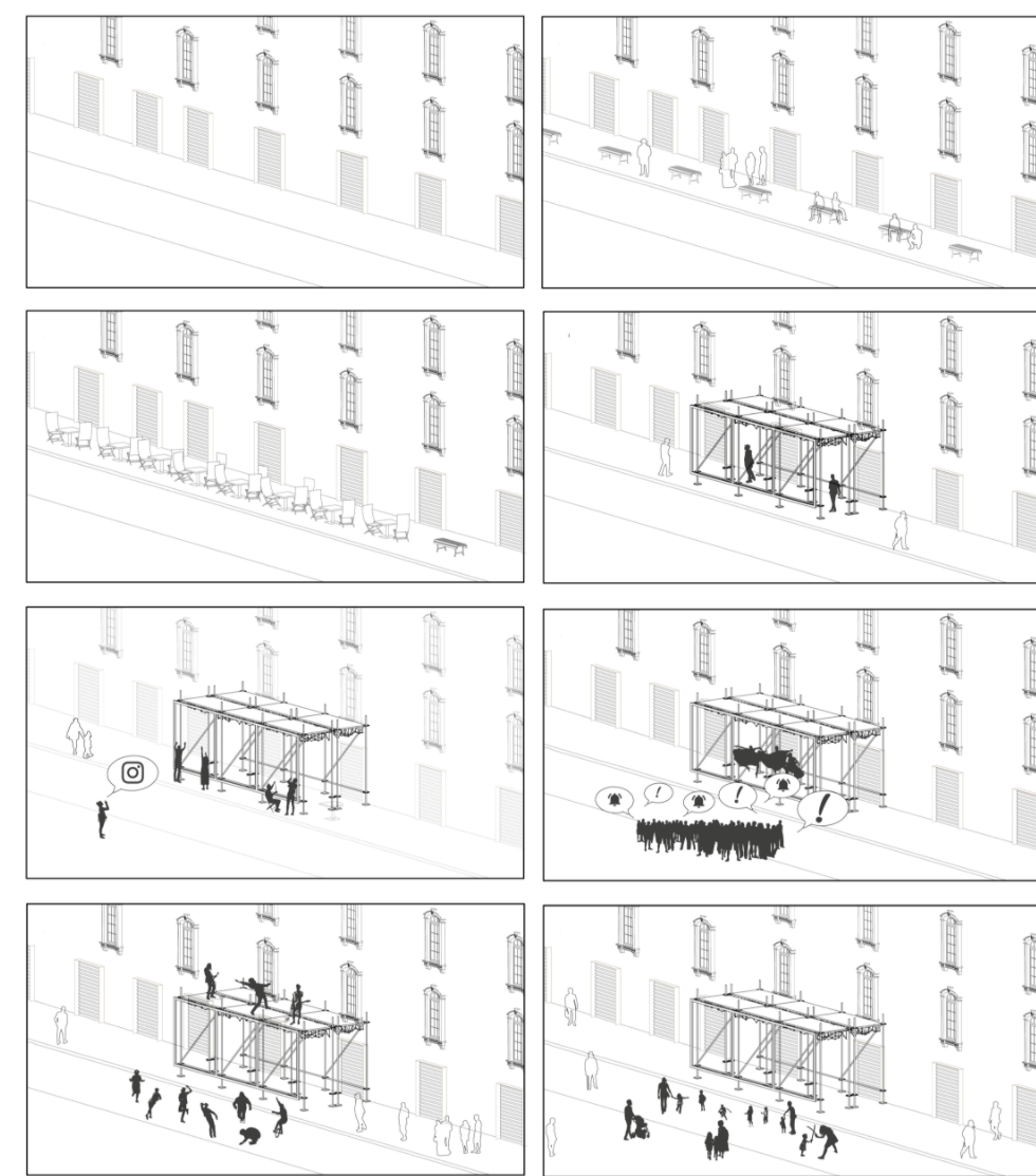 Sequential diagrams showing how PROP activates unused scaffold spaces into dynamic social zones.