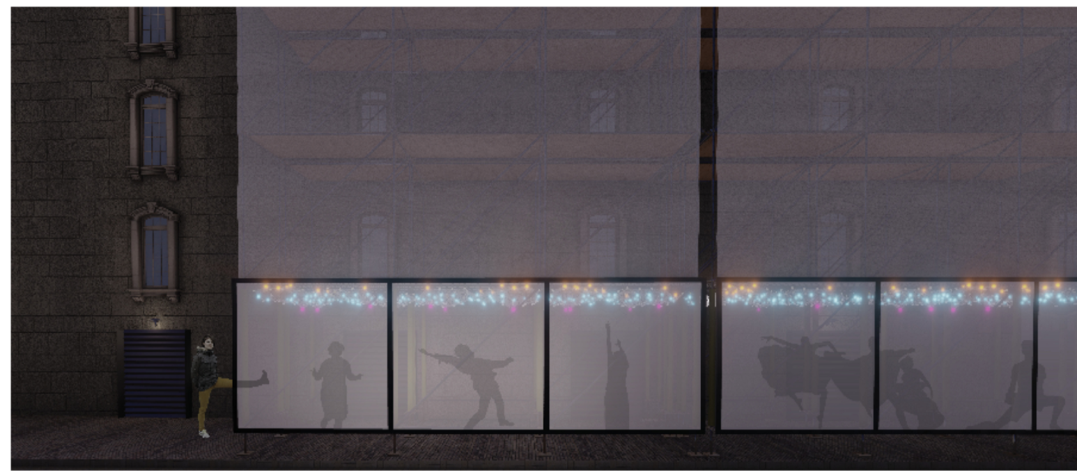 Translucent screens and lights create a temporary stage for public expression and interaction.