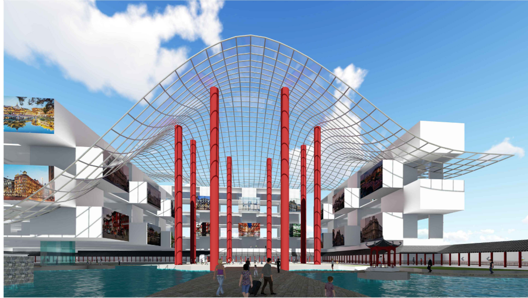 Rendering of a curved gridshell canopy supported by red columns over a waterfront plaza with scattered figures