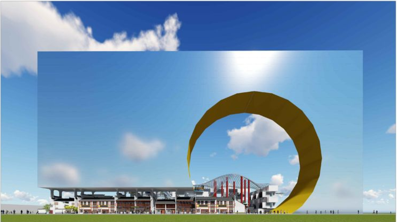 Long view of the complex framed by a golden circular sculpture under a blue sky