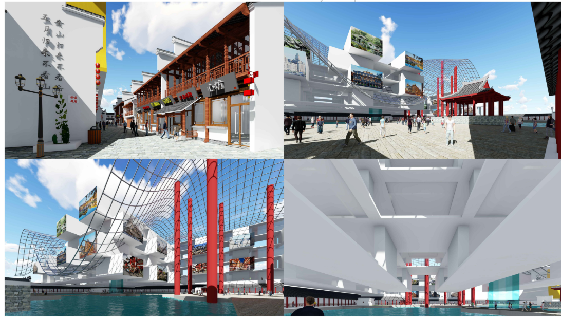Four rendered views showing pedestrian streets, white terraced volumes, the canopy over water, and interior circulation spaces