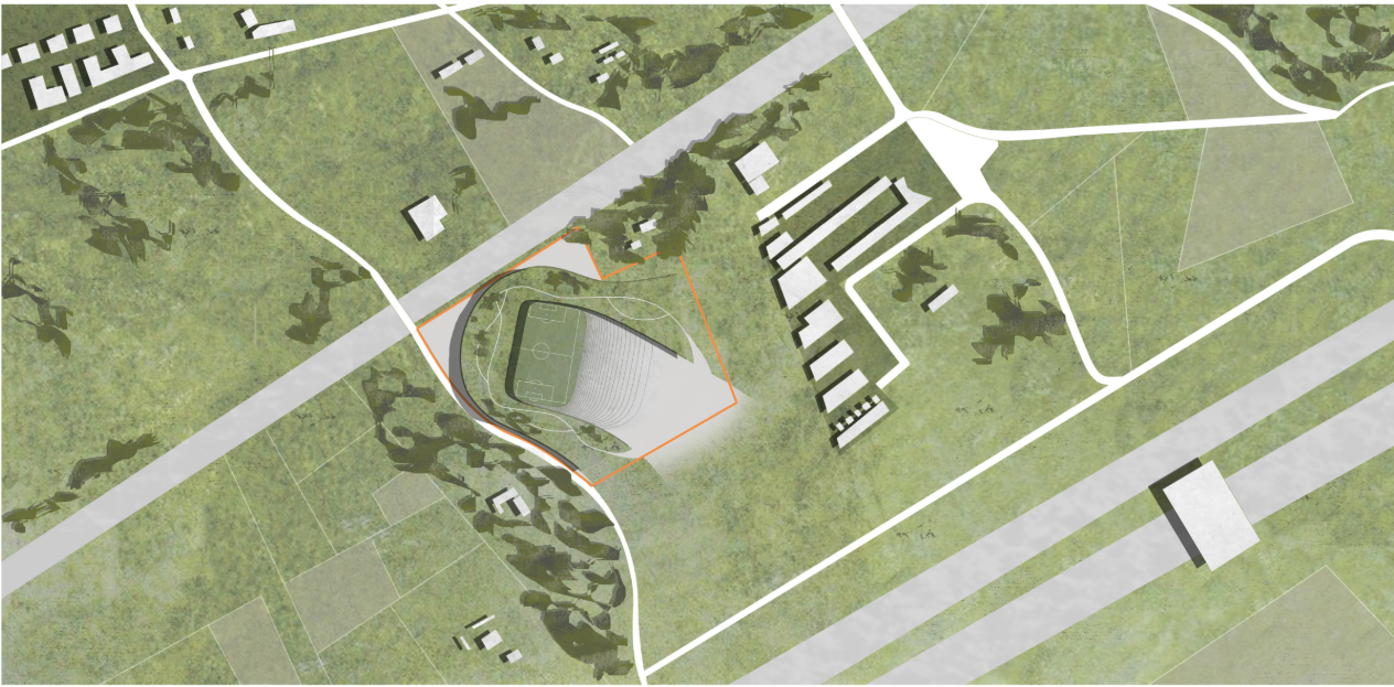 Site plan drawing showing a curved building footprint within a landscape of roads and scattered trees