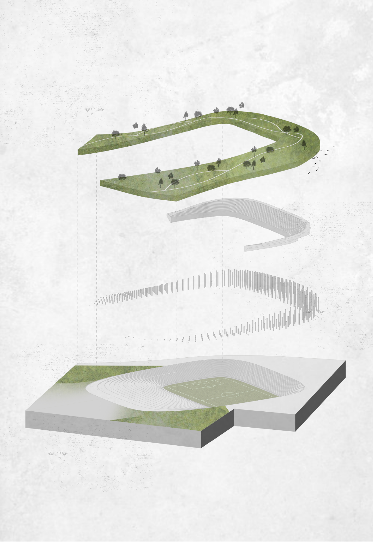 Exploded axonometric drawing showing layered green roof surfaces, structure, and ground plane below