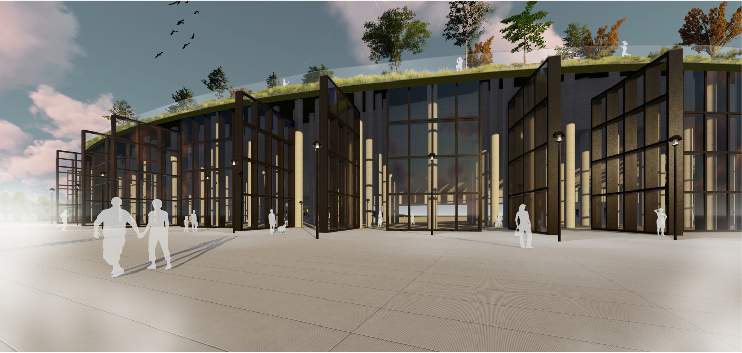 Rendered entrance facade with dark vertical columns, large glazing panels, and green roof with people walking