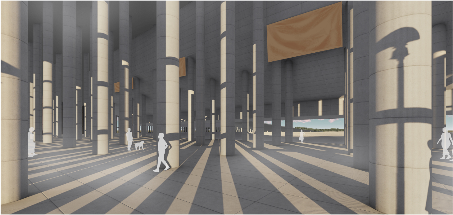 Interior view through a colonnade of cylindrical columns casting long shadows across a tiled floor