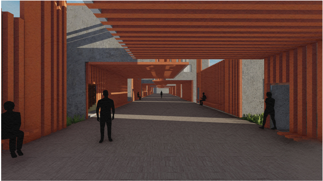 Rendering of a covered courtyard with horizontal red timber slats overhead and three silhouetted figures