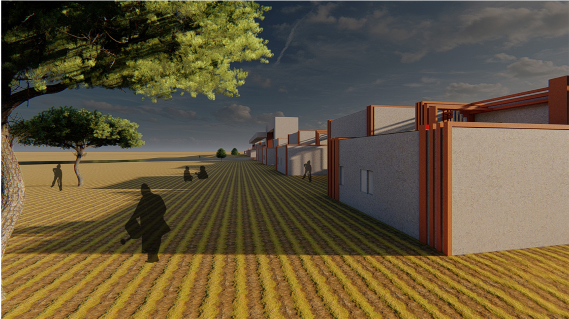 Rendering showing the building complex alongside a planted field with linear rows under a cloudy sky