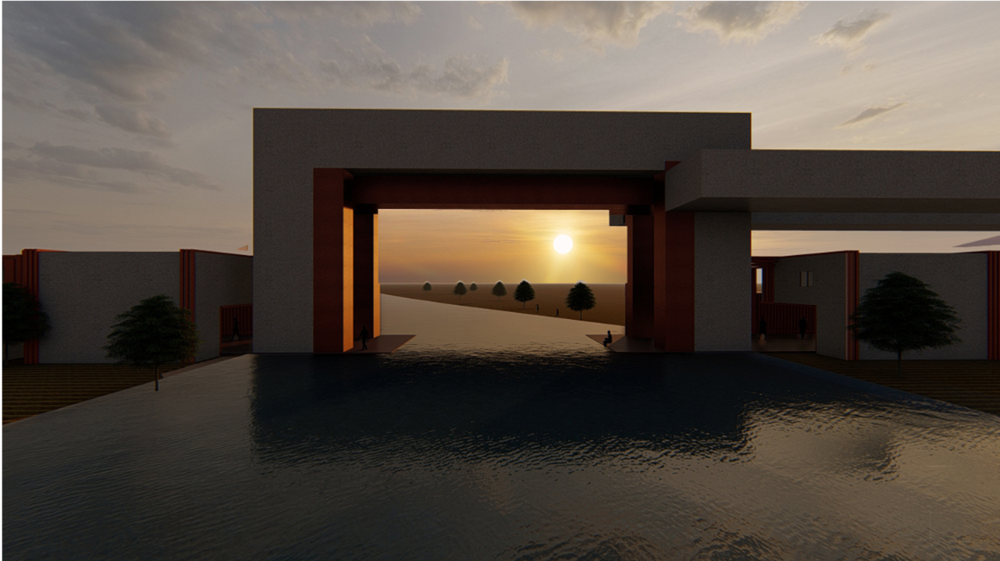 Rendering of a large framed gateway opening to a view of the landscape at sunset