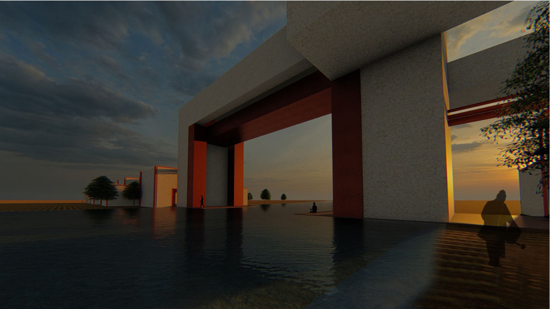 Rendering of a reflecting pool with figures seated near the water at dusk