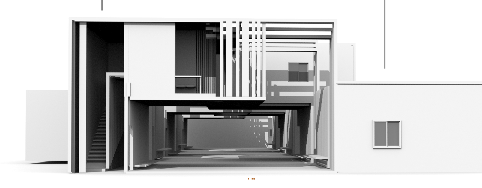 Section model showing layered interior spaces with exposed horizontal and vertical structural elements