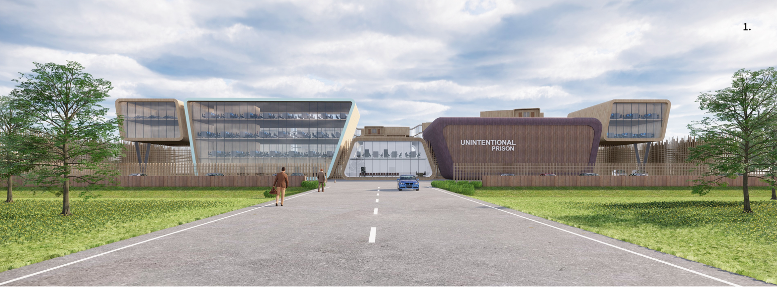 Front View – A civic-style entrance reimagines prison as a public institution of reform and dignity.