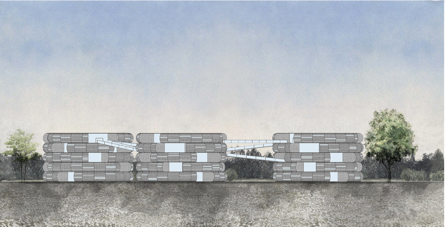 A linear elevation reveals the modular ring-stack towers connected by elevated corridors.