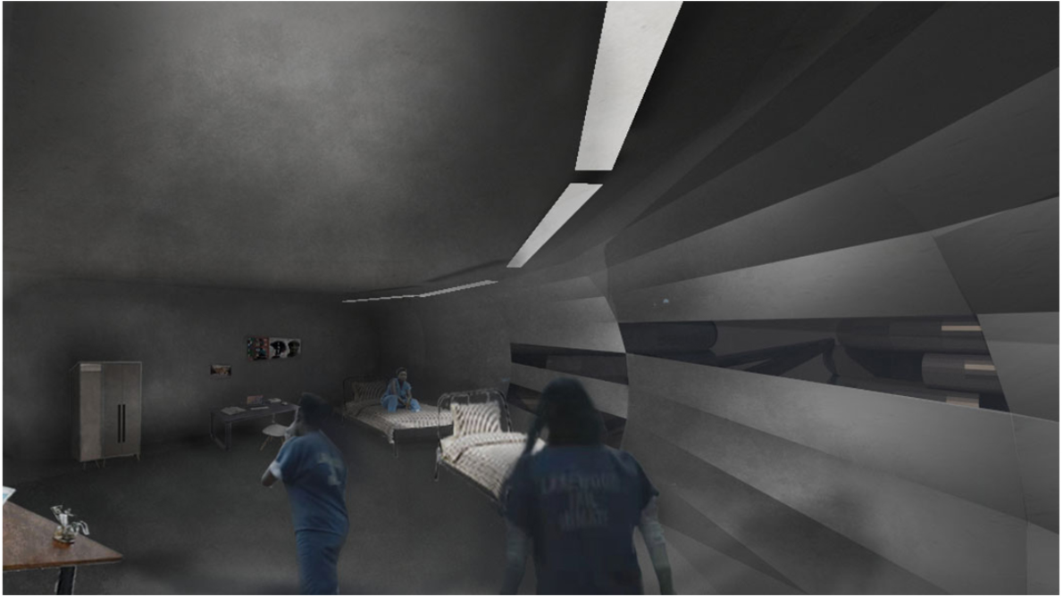 Soft lighting and organic forms create a humane, futuristic living environment.