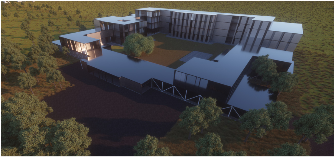 Aerial view of the elevated white roof sheltering a central courtyard with a tree surrounded by scattered vegetation