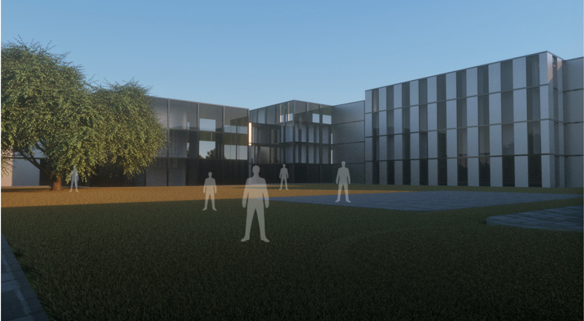 Courtyard view showing vertical banded facades with glazed openings and three figure models on the lawn at dusk