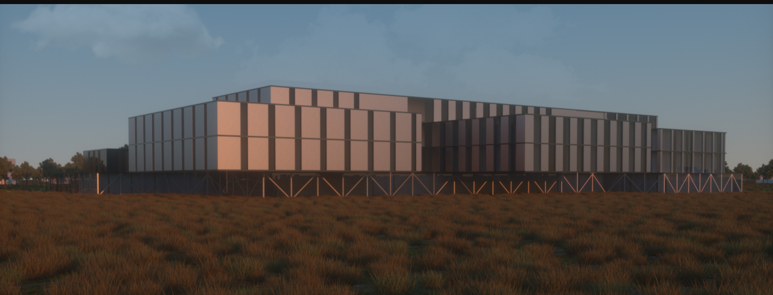 Long view of the horizontal building with vertical panel cladding on exposed diagonal steel bracing across dry grassland