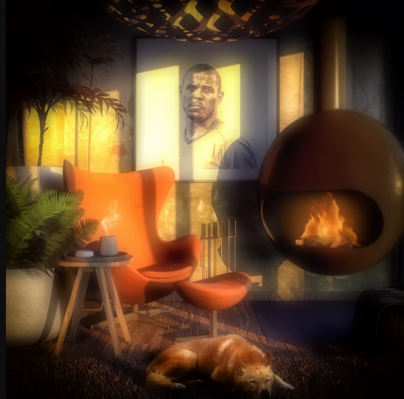 Fire-lit reading corner with earthy tones and soulful ambiance.