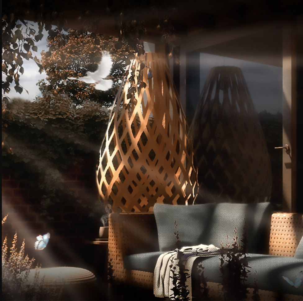 Cozy terrace with woven light forms and filtered sunshine.