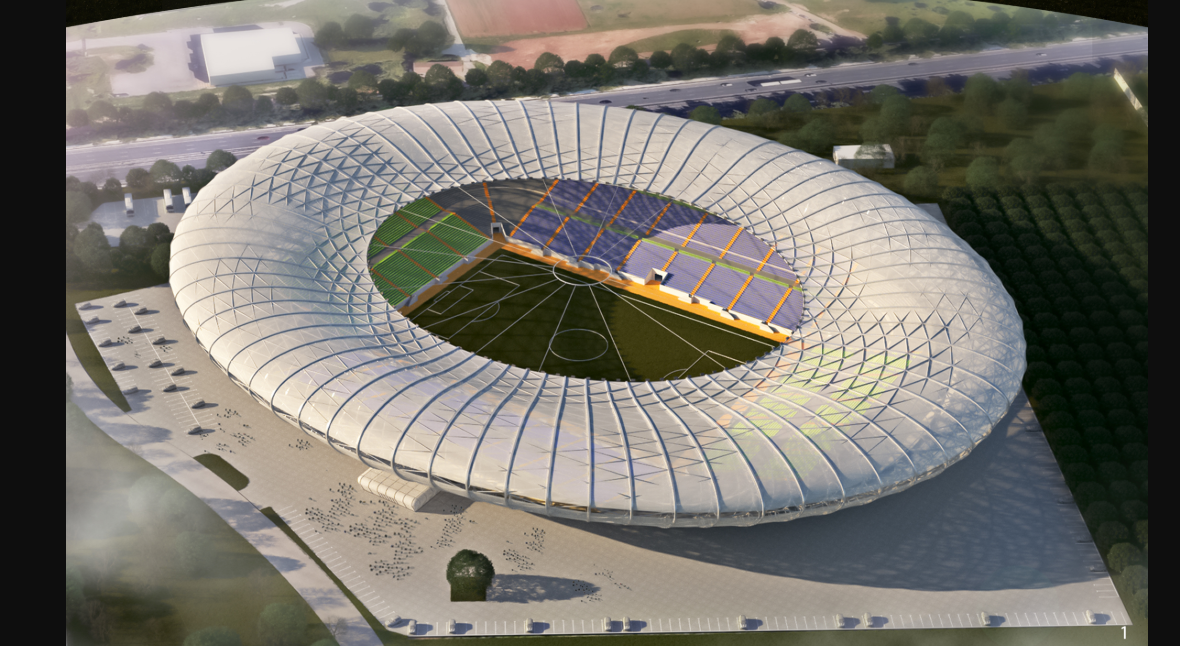 Top-down view reveals spatial zoning, circulation, and the stadium’s integrated urban footprint.