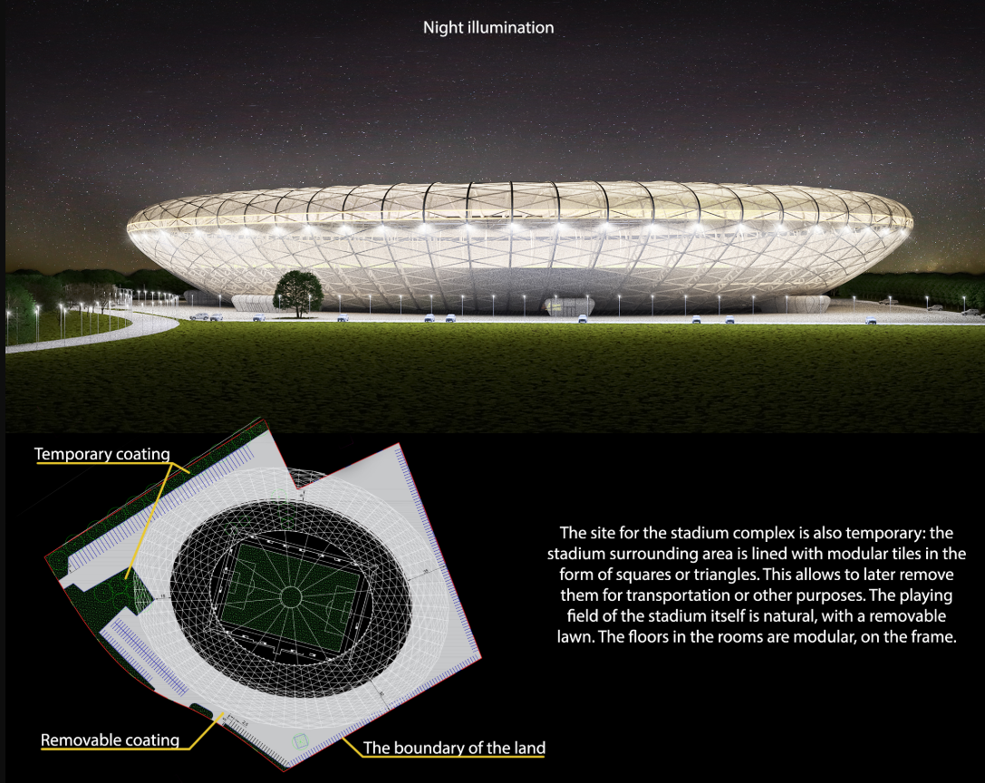 The stadium glows under a tensile canopy, emphasizing its visual and structural elegance at night.