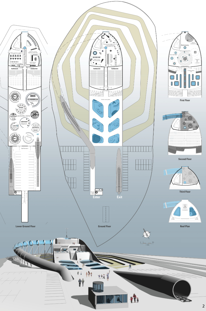 Floor plan drawings and perspective view showing the bulbous form with curving access ramps