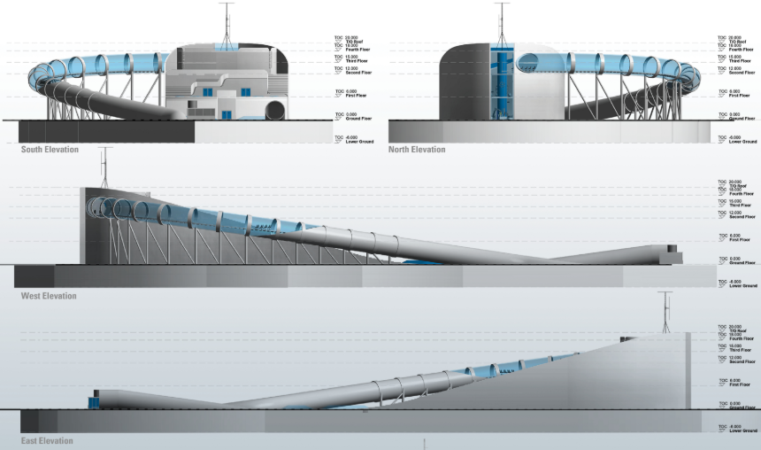 Elevation drawings from four directions showing the tubular glazed roof and sloping grade relationships
