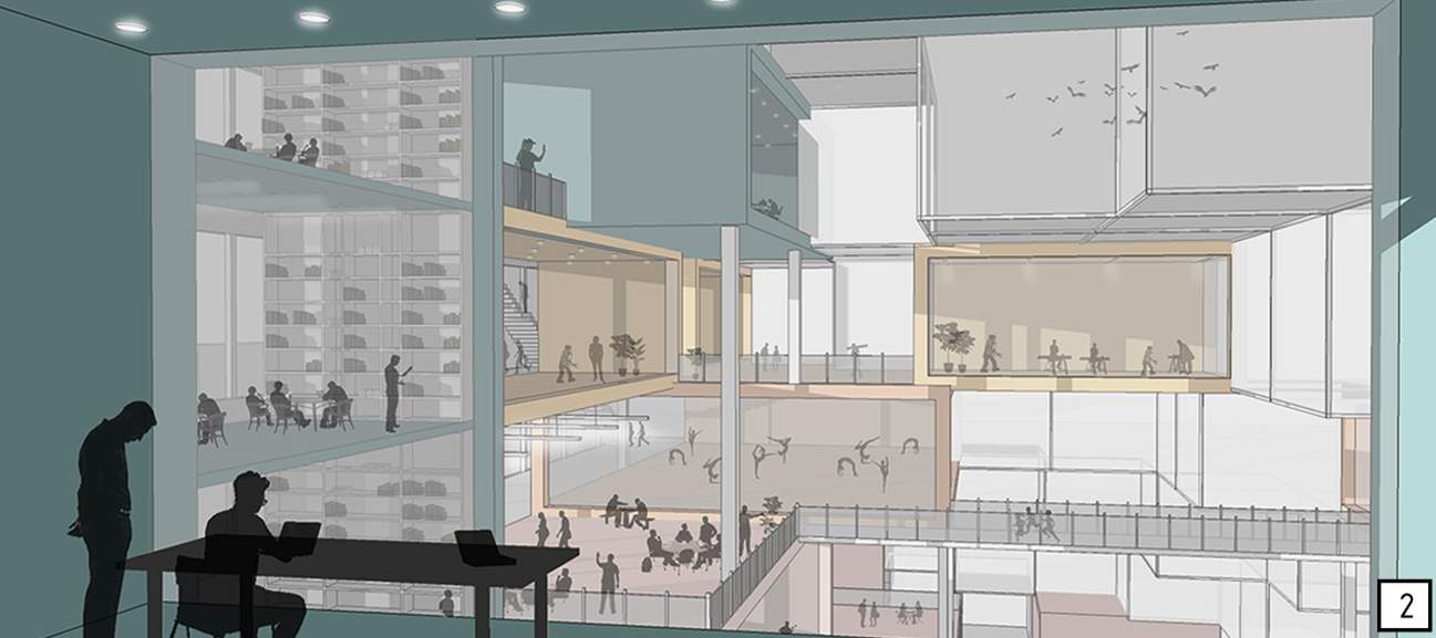 An expansive interior showcasing diverse zones—reading, collaboration, recreation—unified by transparency and adaptive spatial design.