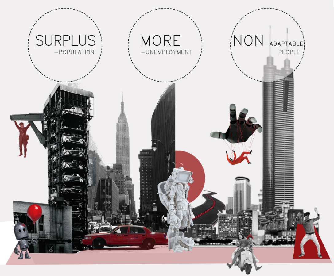 Collage showing a cityscape with a vertical car lift structure and floating figures in red silhouette
